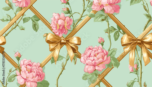 Elegante motivo floreale senza cuciture con rose rosa e nastro dorato su sfondo verde menta, ideale per tessuti e design di lusso.