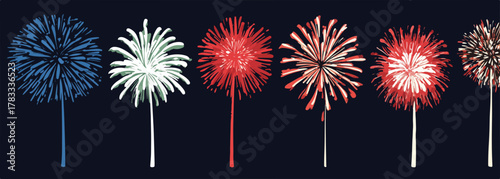 Illustrazione vettoriale di diversi fuochi d'artificio colorati su sfondo scuro, perfetti per celebrare eventi speciali e festività.