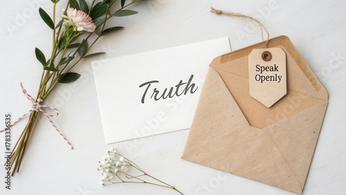 Inspirational Letter Displaying the Word Truth with Floral Elements and Tag Concept for Open Communication