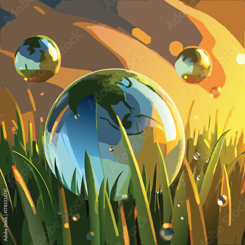 Earth globes in bubbles on grass with dew drops vector