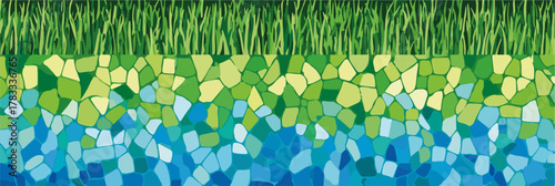 Rappresentazione astratta di un paesaggio naturale stilizzato, con erba, terra e acqua in un design vettoriale moderno e colorato.