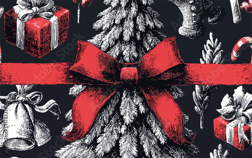 Un albero di Natale decorato con un grande fiocco rosso e circondato da regali festivi.