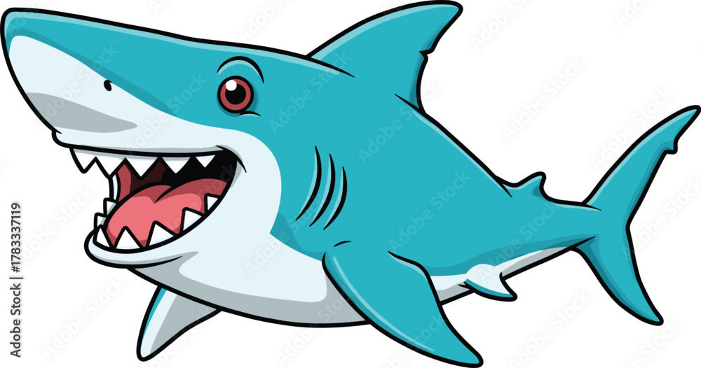 Fototapeta premium Cartoon shark illustration, smiling blue predator, animated sea animal, kids book artwork, playful ocean creature, educational mascot design, fun marine drawing
