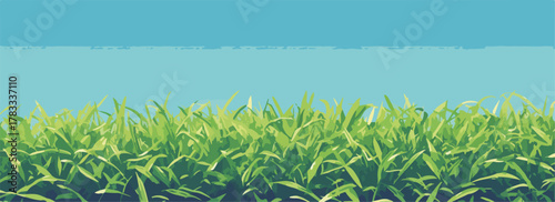 Un'immagine vettoriale di erba verde lussureggiante che cresce sotto un cielo azzurro, ideale per progetti di design e sfondi naturali.