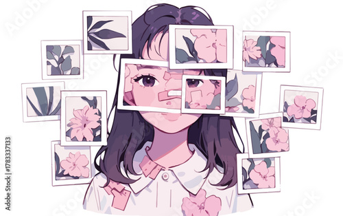 Un'illustrazione vettoriale di una ragazza circondata da immagini floreali, che esplora temi di memoria e natura.