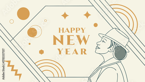 Art deco new year greeting woman looking up festive illustration