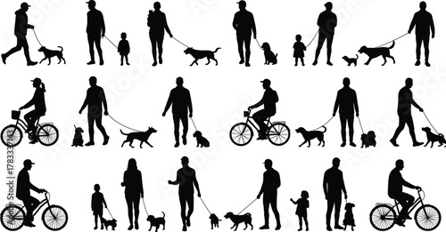 Dog walking silhouettes, family outdoor activity, pet exercise icons, biking with dogs, child and adult figures, leash poses, black design