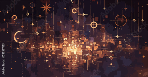 Un'illustrazione vettoriale astratta di una città notturna scintillante, con luci dorate e elementi celesti che creano un'atmosfera magica e sognante.