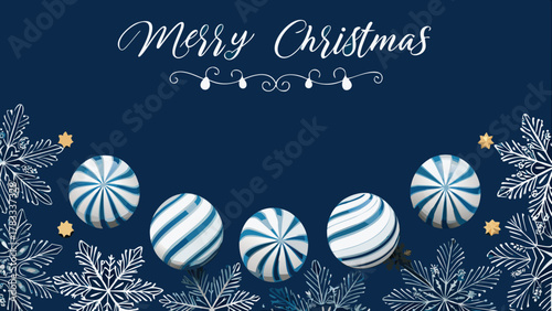 Festive merry christmas greeting card with blue and white striped ornaments and snowflakes on a dark blue background