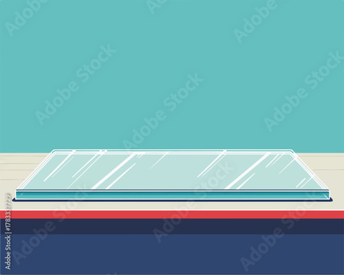 Un'illustrazione vettoriale di un tavolo di vetro vuoto su sfondo turchese, ideale per presentazioni e design concettuale.
