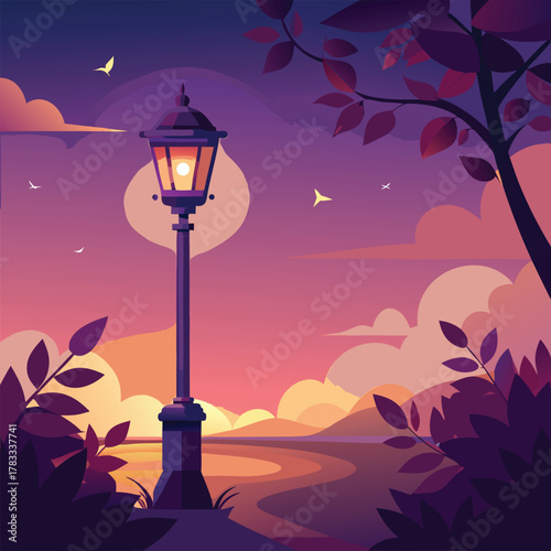 Enchanted evening landscape with street lamp and sunset