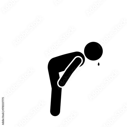 Tired stick figure squatting after heavy exercise.