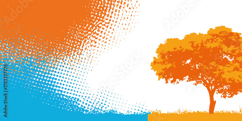 Un'illustrazione vettoriale astratta che presenta un albero arancione stilizzato in un paesaggio colorato con elementi grafici.