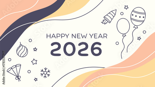 Happy new year 2026 greeting card with abstract shapes and doodles
