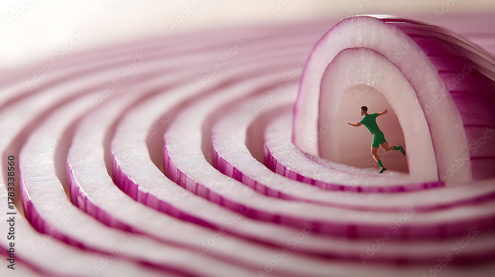 Fototapeta premium Miniature world: a runner sprints through a giant red onion slice tunnel, layers creating an abstract background. Conceptual macro photography shows scale and imagination.