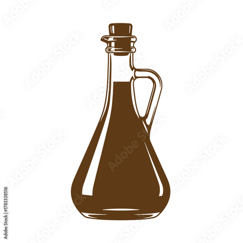 Vintage art illustration of a brown olive oil bottle with cork stopper and handle