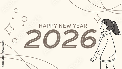 Happy new year 2026 celebration with smiling girl line art design