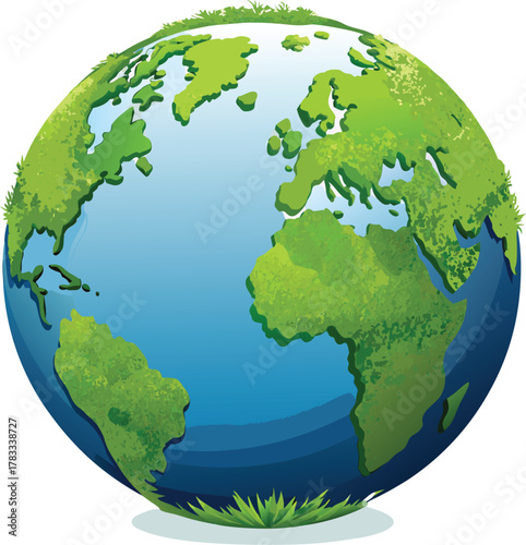 Green Earth globe with grass and white background planet