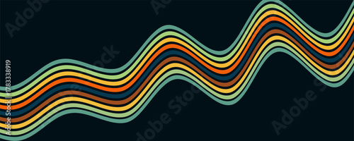 Abstract colorful 70s background vector. Vintage retro wallpaper with rainbow stripes and wavy lines. A 1970 color illustration suitable for posters, banners, decorative items and wall art.
