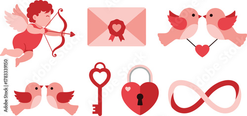 Charming valentine's day icons featuring cupid love birds heart lock key and infinity symbol