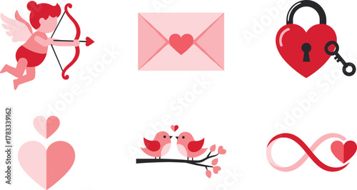 Romantic valentine's day icons cupid love letter lock hearts birds infinity symbol elements
