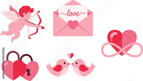 Romantic valentine's day symbols including cupid love letter infinity heart and love birds