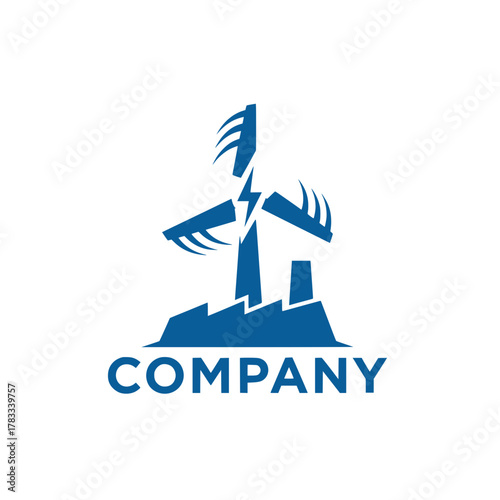 Industrial factory and wind turbine logo concept for a renewable energy company or power plant