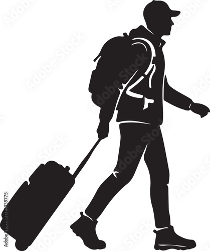  Silhouette of traveler walking with luggage, adventure journey theme, white background