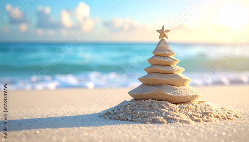 Fototapeta Naklejka Na Ścianę i Meble -  A sand Christmas tree with a golden star on top, standing on a sunny, white sand beach. Clear turquoise ocean and blue sky create a perfect tropical holiday background.
