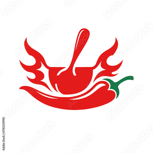 Fiery red chili pepper and cooking bowl with spoon icon, depicting intense spice and bold flavor for culinary branding, restaurant logos, or hot sauce product designs
