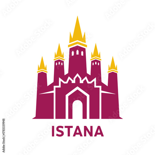 Stylized vector logo of a majestic purple palace with golden spires. An iconic symbol of a royal castle, kingdom, or fairytale fortress
