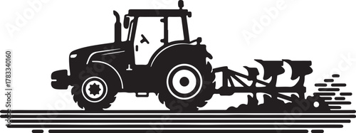 Silhouette of tractor working on farmland, agriculture and machinery theme, white background.