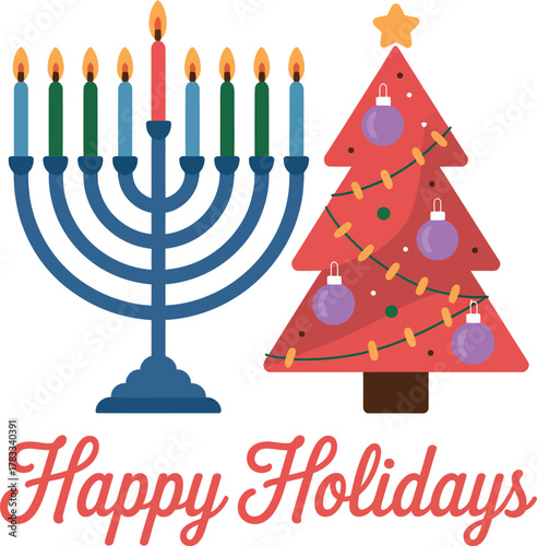 A menorah and a Christmas tree stand side-by-side for a happy holidays greeting.