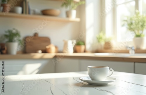 Wallpaper Mural Morning coffee cup stands on white kitchen table. Sun shines through window on cozy interior. Freshly brewed espresso beverage in white mug. Breakfast scene concept. Torontodigital.ca
