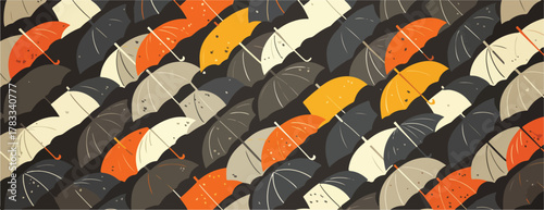 Un'illustrazione vettoriale di un motivo ripetuto di ombrelli colorati, che crea un design astratto e accattivante ideale per sfondi.