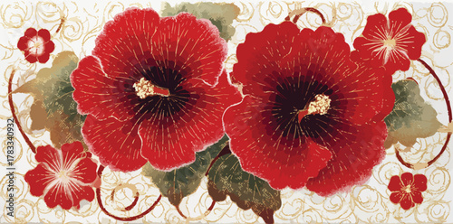 Elegante motivo floreale con ibisco rosso e decorazioni dorate, perfetto per progetti creativi e design di lusso.