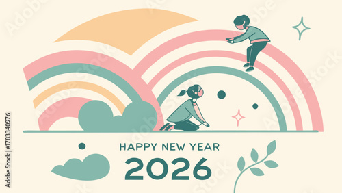 Happy new year 2026 greeting, people on rainbows, flat design
