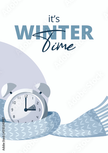 Winter time. Clock changing from summer to winter time. Concept of vacation, party and travel. Vector illustrations for mobile and web graphics.
