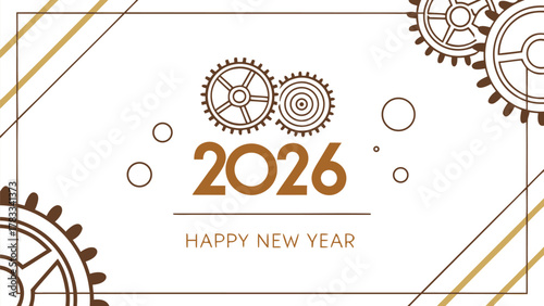 Happy new year 2026 greeting card with ornate steampunk gears