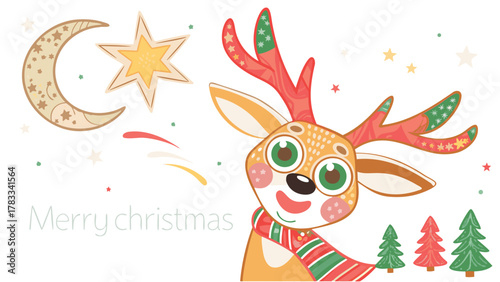 Cute cartoon reindeer with festive scarf and antlers celebrates christmas with moon and stars
