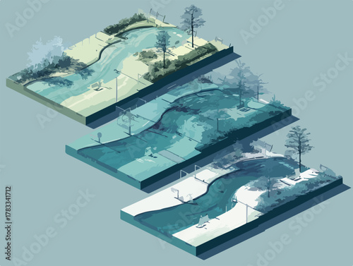 Illustrazione vettoriale di un paesaggio isometrico diviso in tre sezioni, che rappresentano diverse stagioni con alberi e fiume.