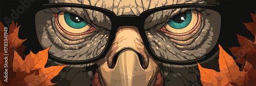 Vettore ravvicinato di un gufo saggio con occhiali e occhi azzurri tra foglie autunnali.