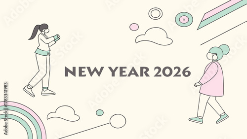 New year 2026 celebration with masked people walking forward