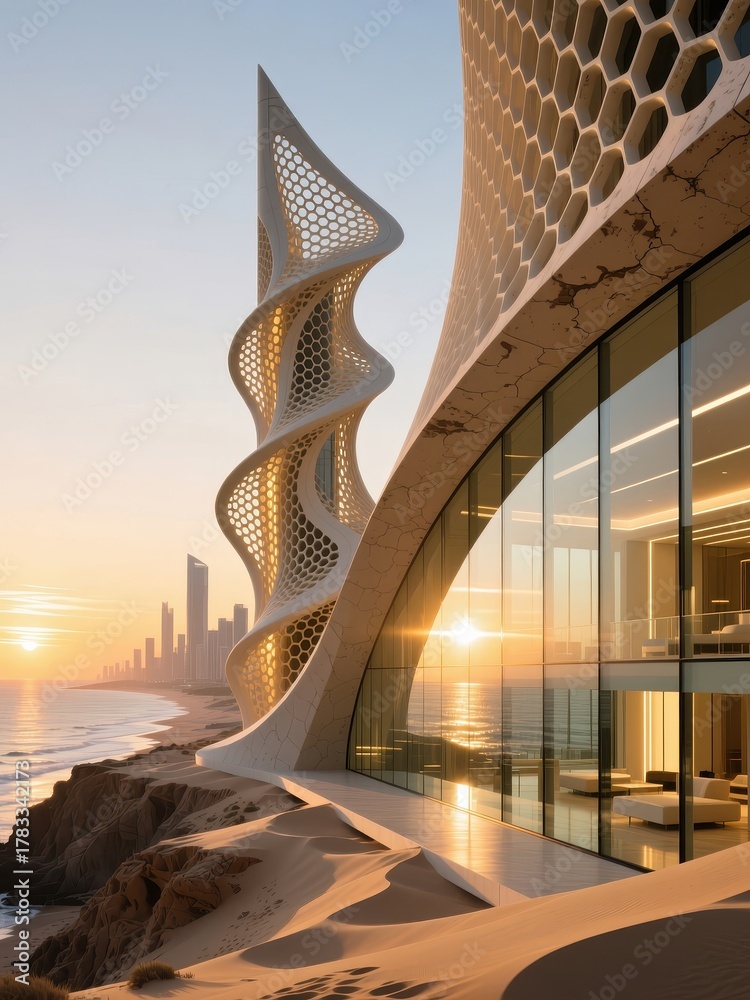 Obraz premium Futuristic coastal architecture at sunset with organic honeycomb design and glass facade overlooking ocean