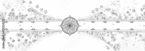 Disegno vettoriale astratto in bianco e nero di un elemento decorativo centrale e motivi vegetali stilizzati.