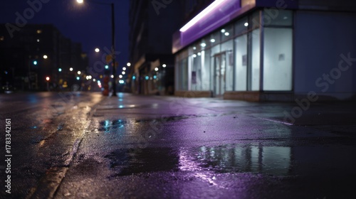 A moody city sidewalk glistens with purple puddles, whispering of nocturnal wanderers, urban solitude, and World Photography Day reflections