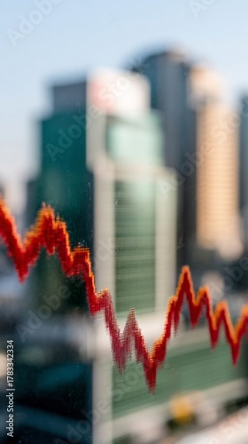 Blurry skyscrapers dance behind erratic market graphs, echoing chaos of fiscal-year-end volatility and surreal Fibonacci Day insights