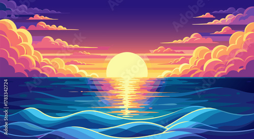 Vibrant digital art illustration of a serene ocean sunset, with a golden sun reflecting on stylized waves under a colorful cloudy sky