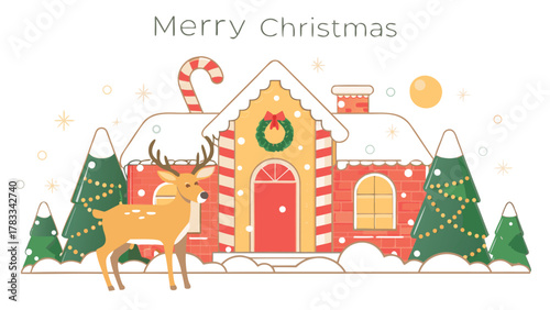 Charming christmas scene with a reindeer standing in front of a snow covered gingerbread house decorated with festive lights and a wreath