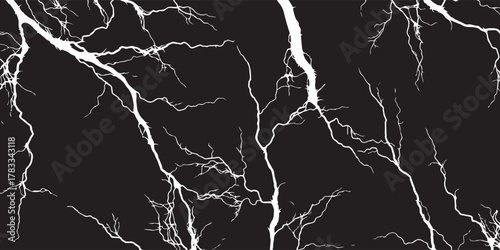 Monochrome illustration of powerful white lightning bolts branching across a solid black background.